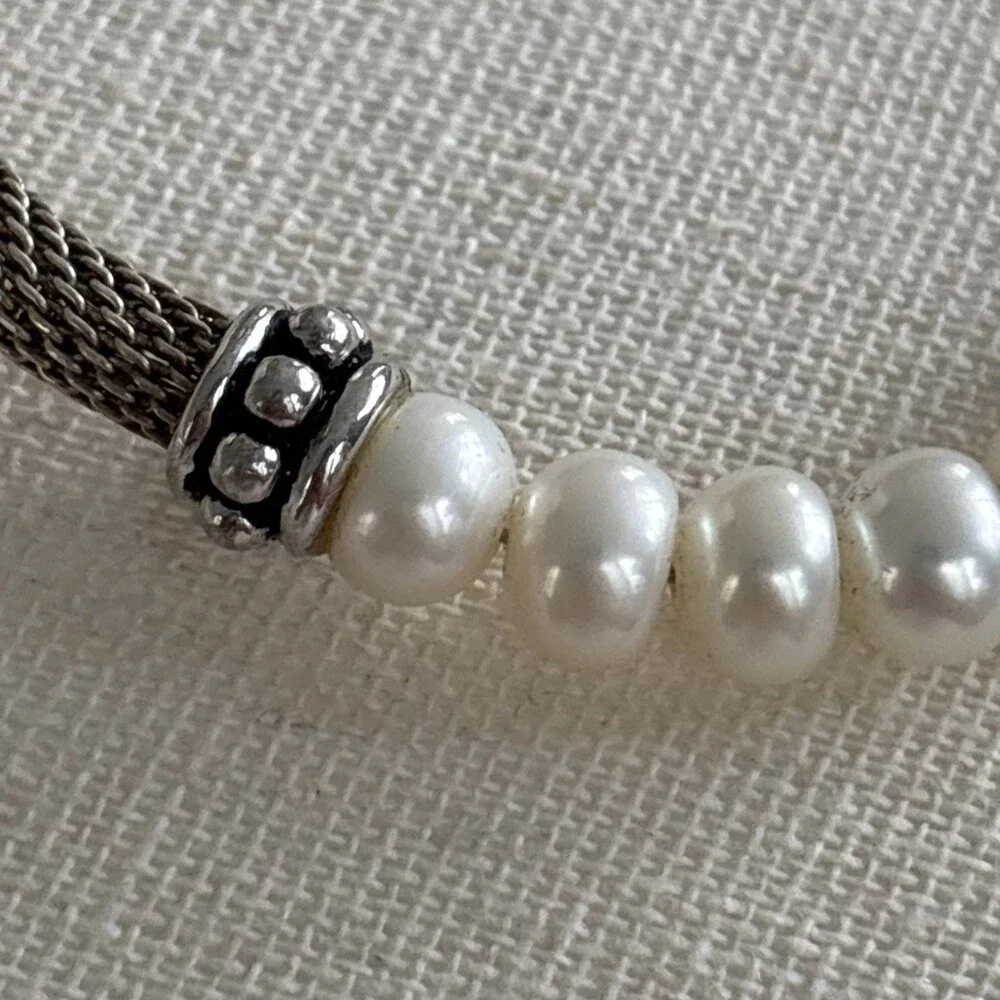 Honora Sterling & White Freshwater 7.8mm Semi Round Pearl Mesh Bracelet 7.25